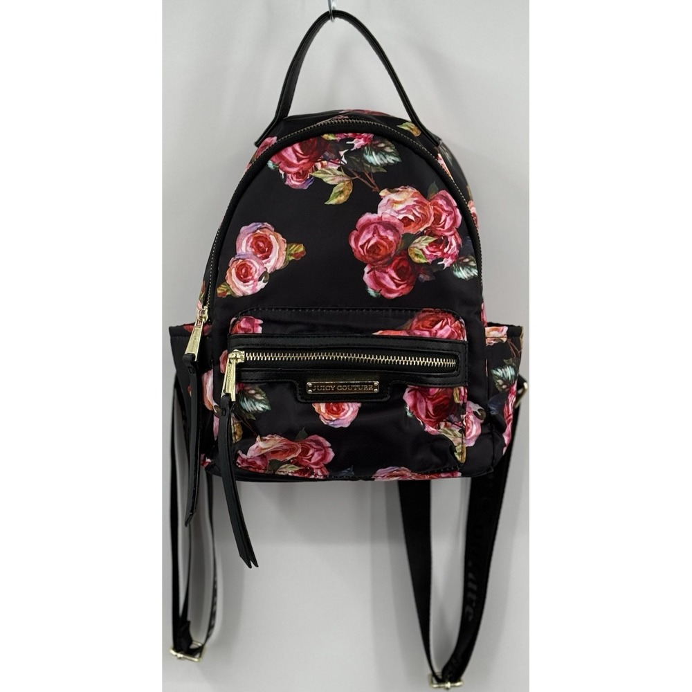 Juicy Couture Mini Backpack Red Pink Roses Black Logo Straps Pockets